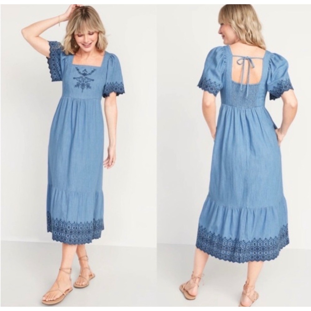 Old Navy Chambray Midi Dress S Embroidered Eyelet Puff Sleeve Cottagecore Pocket